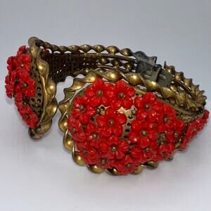 Repair antique Art Deco 1930s brass red flower beads clamper bangle bracelet